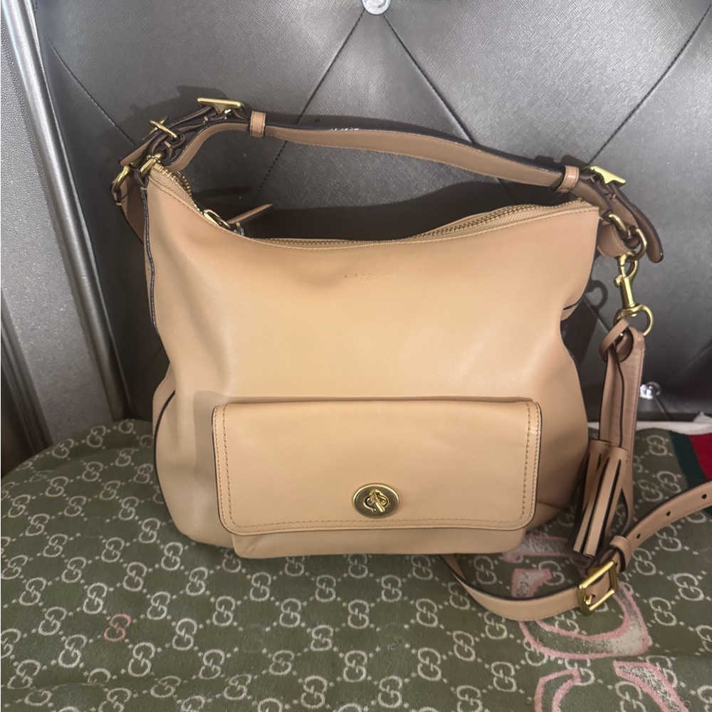 Coach Tan Leather Shoulder Bag with Gold Hardware